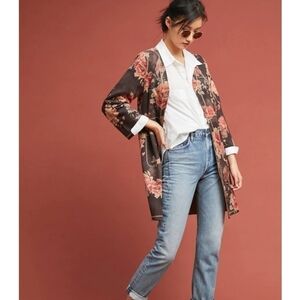 T TAHARI FAUX SUEDE FLORAL OPEN DRAPE JACKET, SZ SMALL